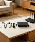 Premium Adjustable DC Ups Battery Backup For Home Routers Modems And Security Cameras With Smart Chip Management and Plug And Play Convenience For Zero Headache Setup on a table with cables and router.