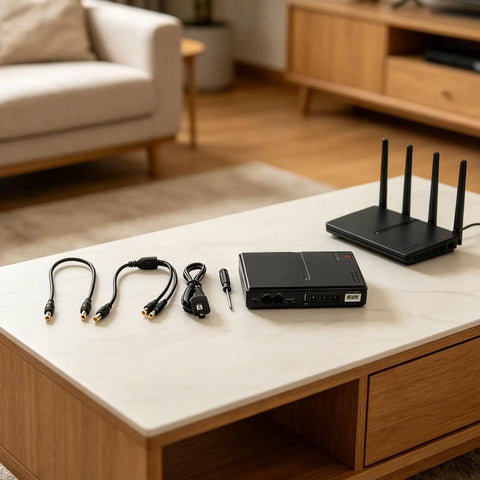 Premium Adjustable DC Ups Battery Backup For Home Routers Modems And Security Cameras With Smart Chip Management and Plug And Play Convenience For Zero Headache Setup on a table with cables and router.