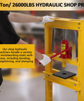 Dead Serious 12 Ton Hydraulic H Frame Shop Press With No Sweat Adjustable Table and Knockout Steel Plates for Quick Gears and Bearings Maintenance in use.