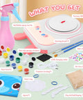 Creative Pottery Wheel Kit For Kids Ages 6-12 With Clay Tools And Painting Set showing pottery wheel, paint pots, and apron