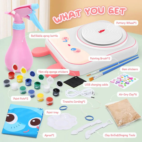 Creative Pottery Wheel Kit For Kids Ages 6-12 With Clay Tools And Painting Set showing pottery wheel, paint pots, and apron