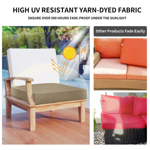 Sunlit patio chair with camel cushion shows effectiveness of waterproof patio cushion covers 24x24x4 inches 4 pack weather resistant.