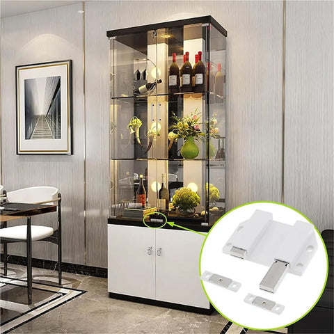 Heavy Duty Push To Open Cabinet Latch Black Beefy Stainless Steel Catch For Hidden Doors in use on display cabinet