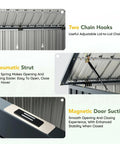 Outdoor Trash Can Storage Shed 6x3 Ft Metal Garbage Bin Enclosure features gas strut, chain hooks, and magnetic door suction.