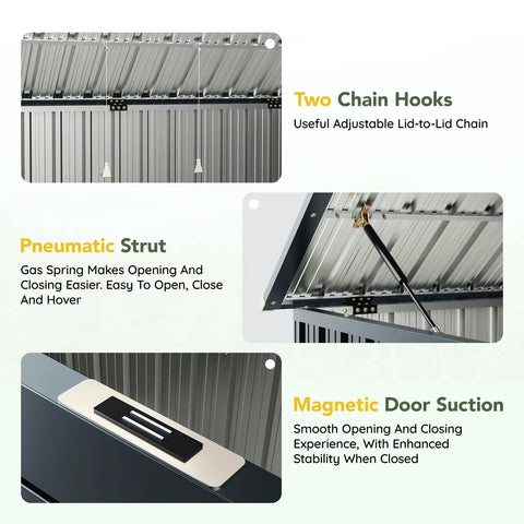 Outdoor Trash Can Storage Shed 6x3 Ft Metal Garbage Bin Enclosure features gas strut, chain hooks, and magnetic door suction.