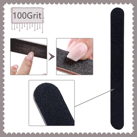 Close-up of Pro Grade Nail File And Buffer Block Kit with 100 grit texture and usage example on nails for smooth buffing.