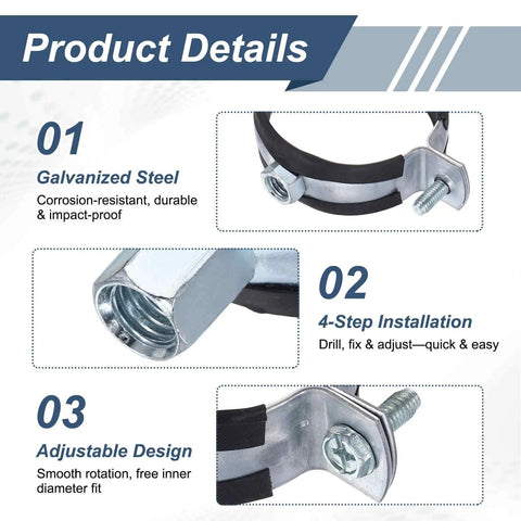 10 Pcs Split Ring Pipe Hangers, 2 Inch Galvanized Steel Pipe Brackets For Wall Or Ceiling Mount, Adjustable Clamp For Plumbing And HVAC, Fits 44-50 Mm Diameter, M8 And M10 Screws, galvanized steel close-up