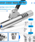 Heavy Duty Grease Gun Coupler Kit With Quick Lock Release, Two Couplers, Twelve Inch Flex Hose, Nine Nipple Nozzles M6 M8 M10