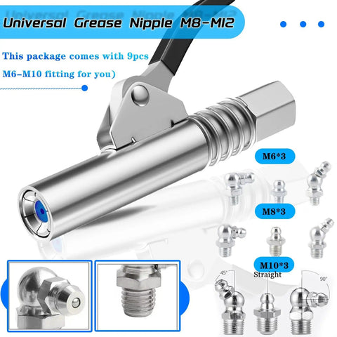 Heavy Duty Grease Gun Coupler Kit With Quick Lock Release, Two Couplers, Twelve Inch Flex Hose, Nine Nipple Nozzles M6 M8 M10