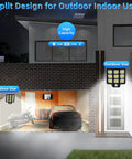 Eminchu Solar Flood Light for Patio Yard, 240 LED mounted for outdoor use illuminating garage and driveway at night.