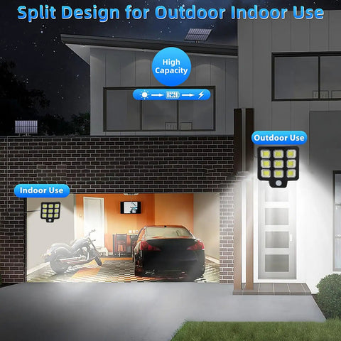 Eminchu Solar Flood Light for Patio Yard, 240 LED mounted for outdoor use illuminating garage and driveway at night.