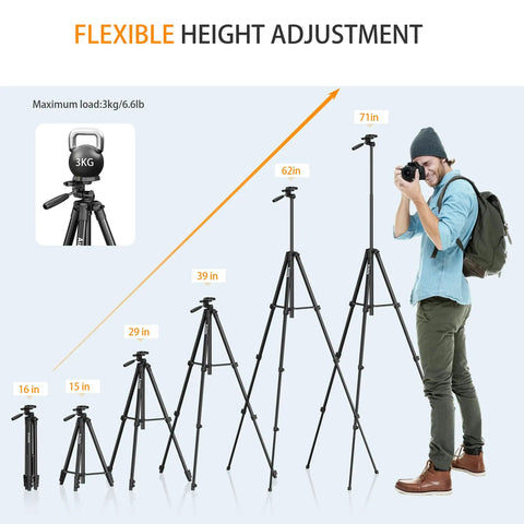 Height adjustable 71 Inch Aluminum Camera Tripod Stand With Wireless Remote And Phone Holder, max 6.6 pounds support