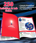 250 Science Experiments Kit For Kids guide with colorful physics and solar system pages