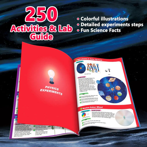250 Science Experiments Kit For Kids guide with colorful physics and solar system pages