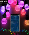 Multicolor LED lights synced to music via smartphone app. Dynamic lighting changes shown alongside phone interface.