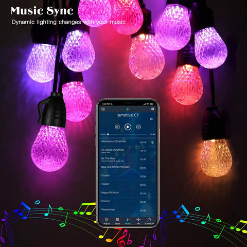 Multicolor LED lights synced to music via smartphone app. Dynamic lighting changes shown alongside phone interface.