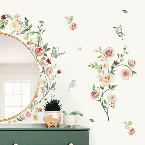 Rose Vine Floral Wall Decals Peel And Stick Watercolor Garden Theme For Bedroom Living Room And TV Wall Easy To Apply No Mess
