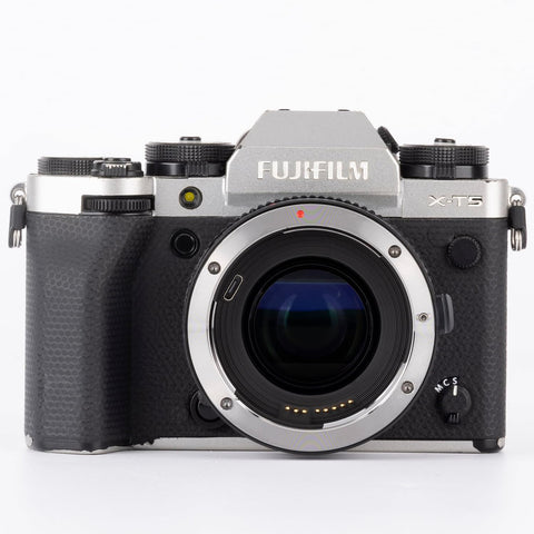 Front view of Fuji X-T5 mirrorless camera body, compatible with EF To Fuji X Mount Pro Lens Adapter With Autofocus, Focal Reducer And Speed Booster