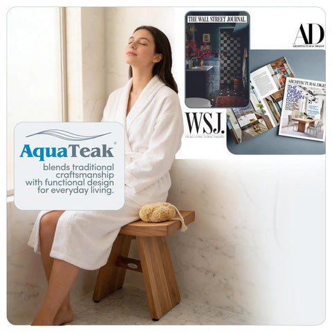 Woman sitting on 18-Inch Teak Shower Bench For Small Bathrooms And Outdoor Showers, beside magazines and product logo