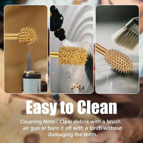 Heavy Duty Titanium Coated Rotary Burr Set Beefy Carbide Bits For Wood Carving 4 Piece 1/8 Inch Coarse tips being cleaned with torch and brush.