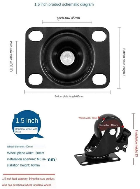 Heavy Duty Polyurethane Swivel Casters Pack Of 4 1.6 Inch Black Rolling Wheels schematic diagram with dimensions.