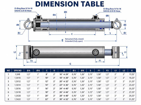 Double Acting Hydraulic Cylinder With Cross Tube Mounting dimension table and diagram for loader replacement 1.5 or 2 inch bore
