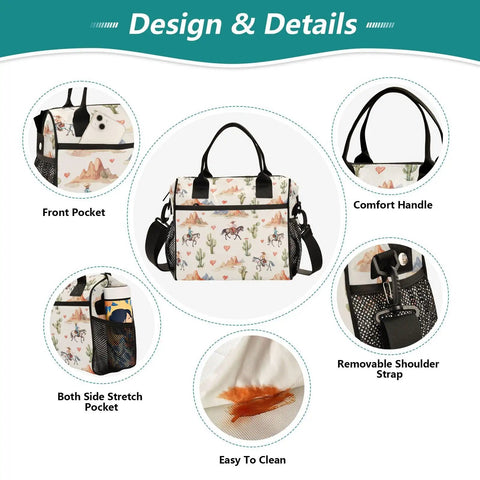 Lunch Bag With Watercolor Cowgirl Desert Mountains Cactus Design Reusable Insulated Cooler Tote Adjustable Shoulder Strap Big 12L