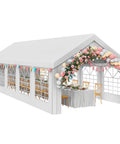 16x32ft Party Tent Heavy Duty Outdoor Wedding Canopy Event Shelter With Removable Sidewalls And Windows Galvanized Steel Frame Carport Style For BBQs Parties And Outdoor Gatherings White, decorated with balloons and flowers.
