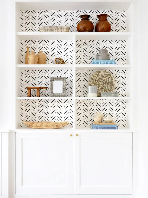Black And White Peel And Stick Herringbone Wallpaper For Bathroom Modern Geometric Self Adhesive Contact Paper visible on bookshelf back