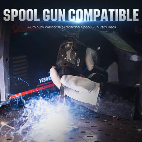 Firstess SP200 6 In 1 MIG TIG Flux Core Welder used with spool gun for aluminum welding, gloved hand operating tool.