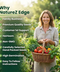 Smiling person holding a basket of fresh vegetables and herbs in a garden, promoting NatureZ Edge seed quality and benefits.