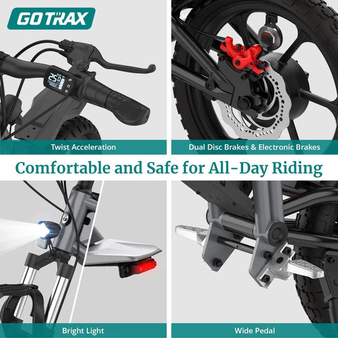 Off Road Electric Dirt Bike With 16 Inch Pneumatic Tires 300W Brushless Motor 15.5 MPH Top Speed 16 Mile Range Dual Suspension And Disc Brake Trail Ready Ride For 47 To 67 Inches Black showing twist acceleration handle, disc brakes, bright light, and wide pedal features.