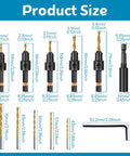 Product size chart for Slick 5-Piece Adjustable Countersink Drill Bit Set with Magnetic Extension Holder and Sizes 4 to 12.