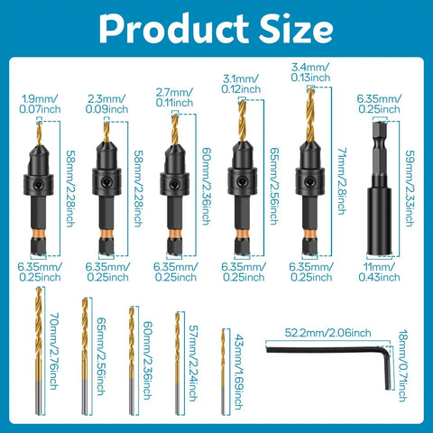 Product size chart for Slick 5-Piece Adjustable Countersink Drill Bit Set with Magnetic Extension Holder and Sizes 4 to 12.