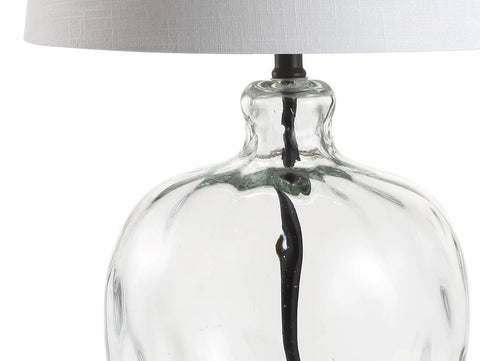 Close-up of Clear Glass And Black Metal LED Table Lamp For Bedroom And Living Room, Transitional Farmhouse Style Nightstand Light.