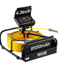 Pro Grade Sewer Camera With Crisp 4.3 Inch Screen And 98 Foot Cable for pipe inspections, featuring yellow cable and sturdy construction.