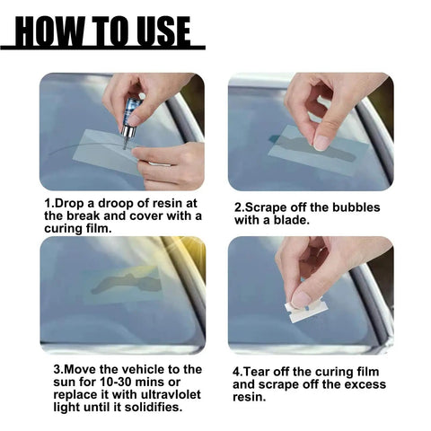 Steps showing how to use Two Pack Windshield Chip Repair Kit With Glass Repair Resin For Windshields Mirrors And Windows Universal Cracks