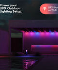 Outdoor lighting setup by pool with multicolored lights highlighting the facade, illustrating LIFX Wi-Fi capability