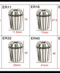 Precision ER11 Collet Chuck Holder For CNC Milling Engraving Machines 1-8mm Range, detailed collet sizes and measurements.