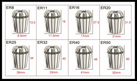 Precision ER11 Collet Chuck Holder For CNC Milling Engraving Machines 1-8mm Range, detailed collet sizes and measurements.