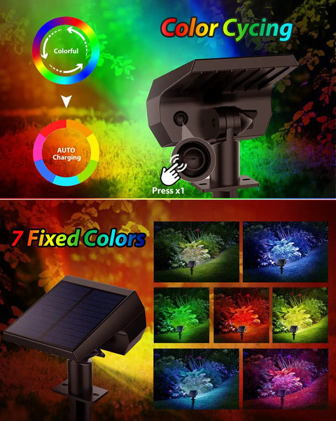 Color cycling feature on Outdoor Lit Solar Lights Waterproof 4 Pack Ultra Bright LED Landscape Uplights With 46 LEDs