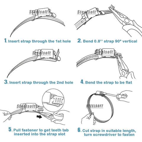 Steelsoft 10-pack hose clamp fasteners; all-304 stainless steel worm-drive clamps with installation diagram.