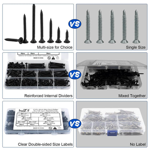 Comparison of Six Gauge Black Oxide Drywall And Wood Screws Kit with 215 Assortment vs. single size screws, labeled containers vs. unlabeled.