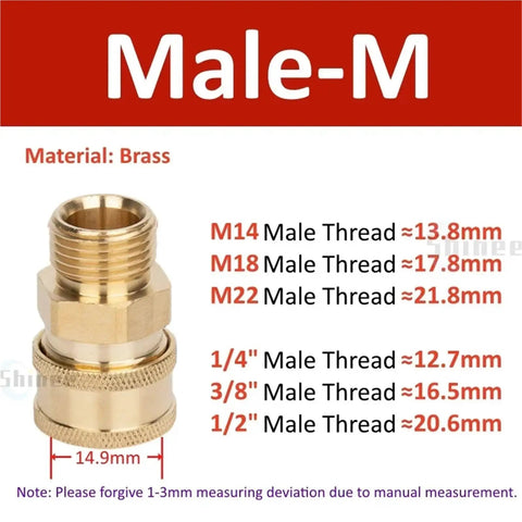 Heavy Duty Quarter Inch Brass Quick Connect Water Coupler For High Pressure Car Wash And Garden Irrigation Hose Hookup With Dependable Leak Free Seal, showing male brass connector with dimensions.