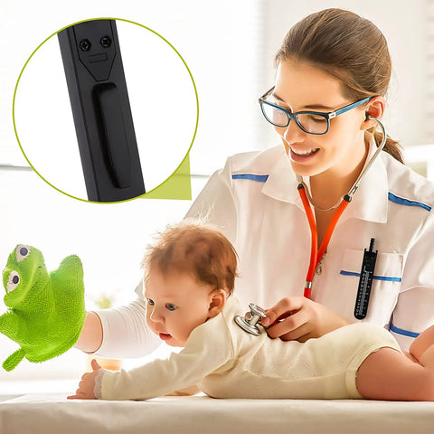 Nurse using stethoscope, ECG Calipers With Ruler Black Measuring Tool For Nurses And Docs clipped to pocket, close-up of caliper edge.