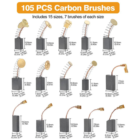 105 Piece Pro Grade Carbon Brush Replacement Set With 15 Assorted Sizes For Electric Motors Graphite And Copper Brushes By Size Replacement Parts For Power Tools Drills Saws Grinders Motors.