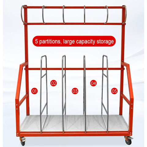 Hardcore Heavy Duty Vertical Panel Cart With Five Partition Board Sorting Rack front view showing five partitions and locking casters.