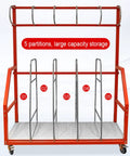 Heavy Duty Vertical Storage Cart With Five Separate Compartments And Smooth Rolling Caster Wheels built like a tank, front view showing five compartments.