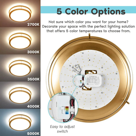 Dope 16 Inch LED Flush Mount Ceiling Light With 5 Color Temperature Options From 2700K To 5000K Dimmable 24W 1920 Lumens Energy Star ETL Listed Brushed Brass Finish showing color options and adjustment switch