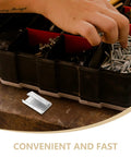 Hand reaching for screws beside Heavy-Duty Steel Strapping Clips With Iron Buckles 1Kg Pack For Packaging And Strap Fixing